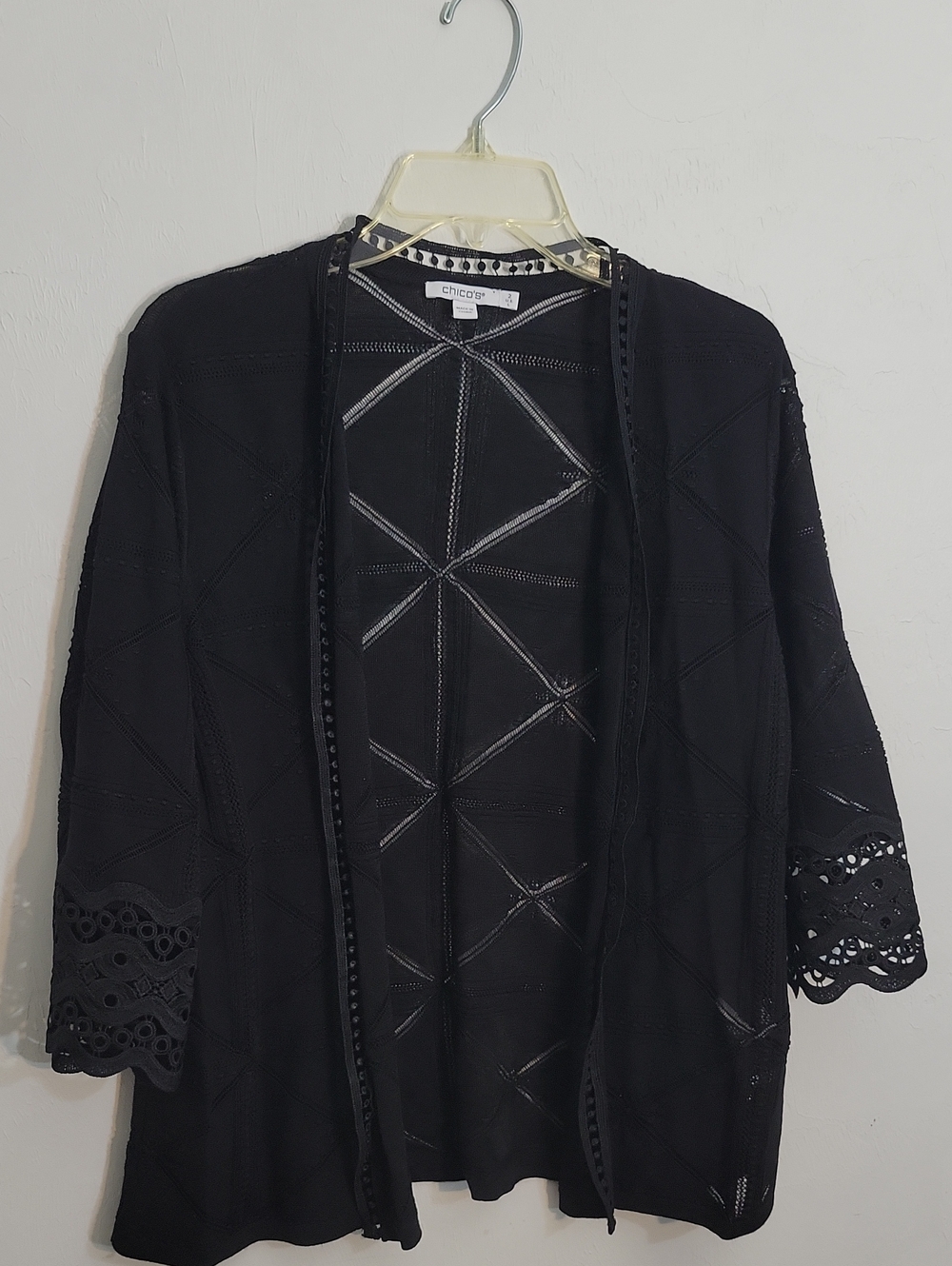 Chico's Black Crochet-Trim Open Front Cardigan